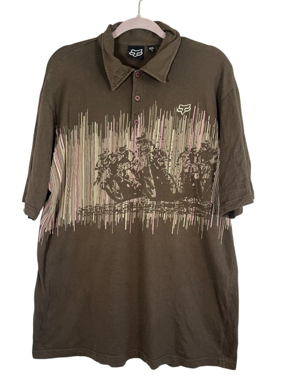 Vintage Y2K Brown Fox Racing Graphic Polo Shirt XL Retro Motocross Dirt Bike 80s